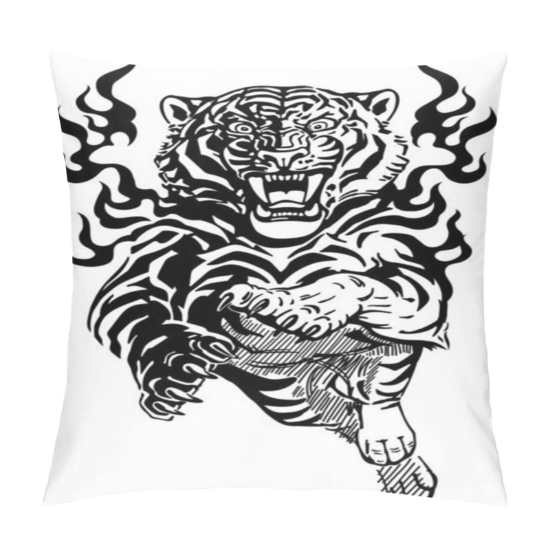 Personality   Tiger In Tongues Of Flame Front View Black And White Pillow Covers