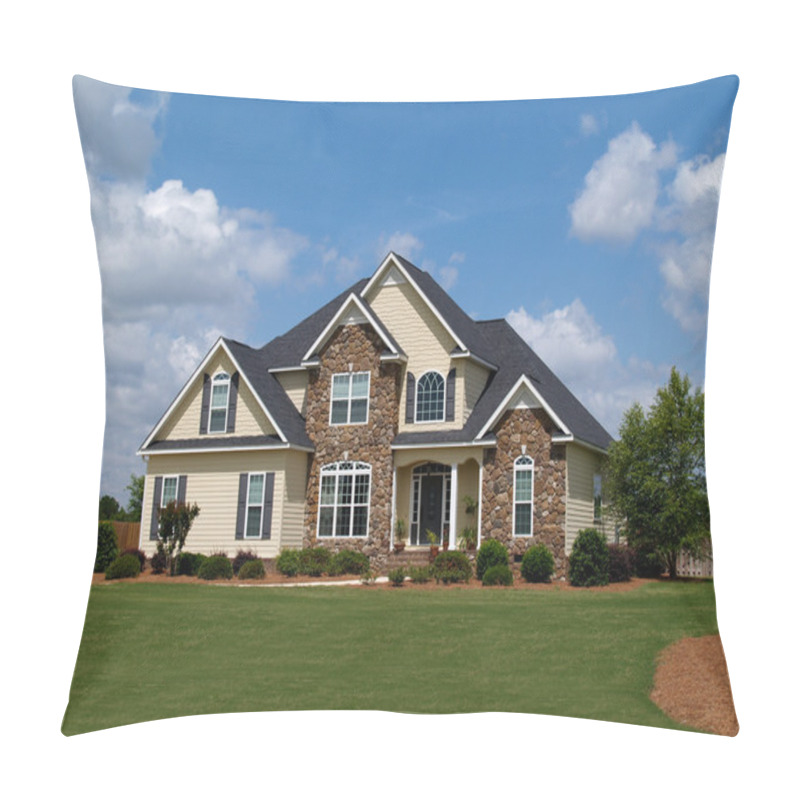 Personality  Two Story Residential Home With Both Stone And Board Siding On The Facade. Pillow Covers