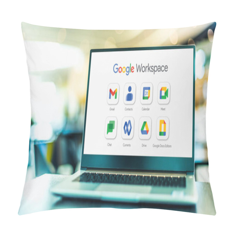 Personality  POZNAN, POL - NOV 8, 2022: Laptop Computer Displaying Google Workspace, A Collection Of Cloud Computing, Productivity And Collaboration Tools, Software And Products By Google Pillow Covers