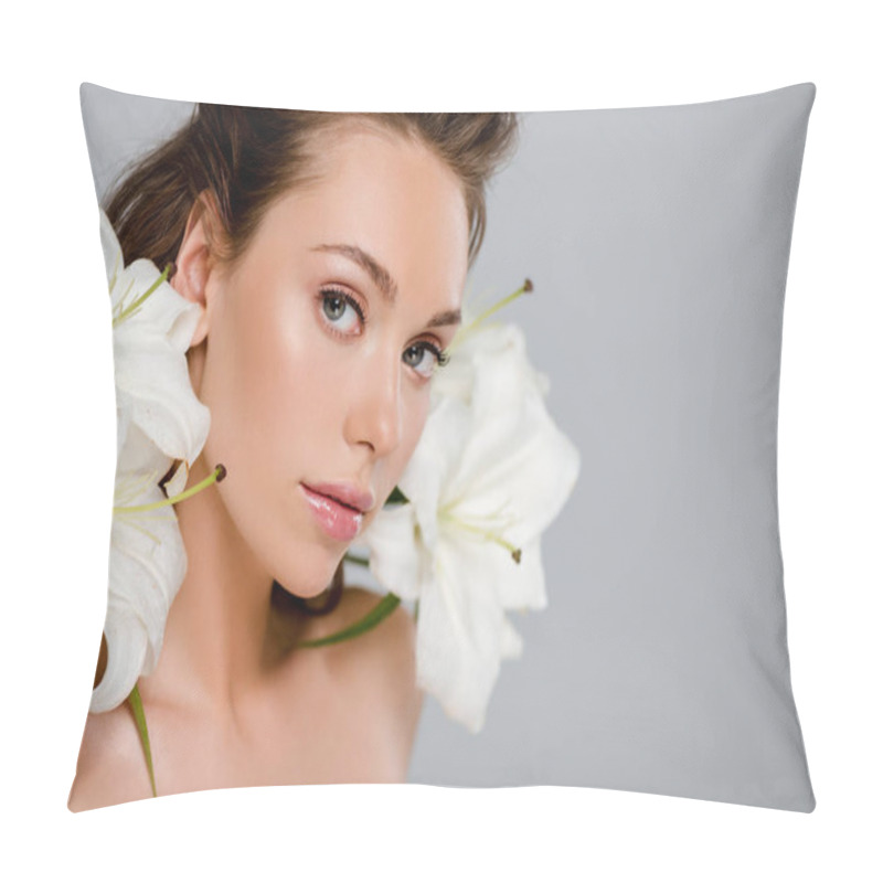 Personality  Young Attractive Woman Near White Blooming Flowers Isolated On Grey  Pillow Covers