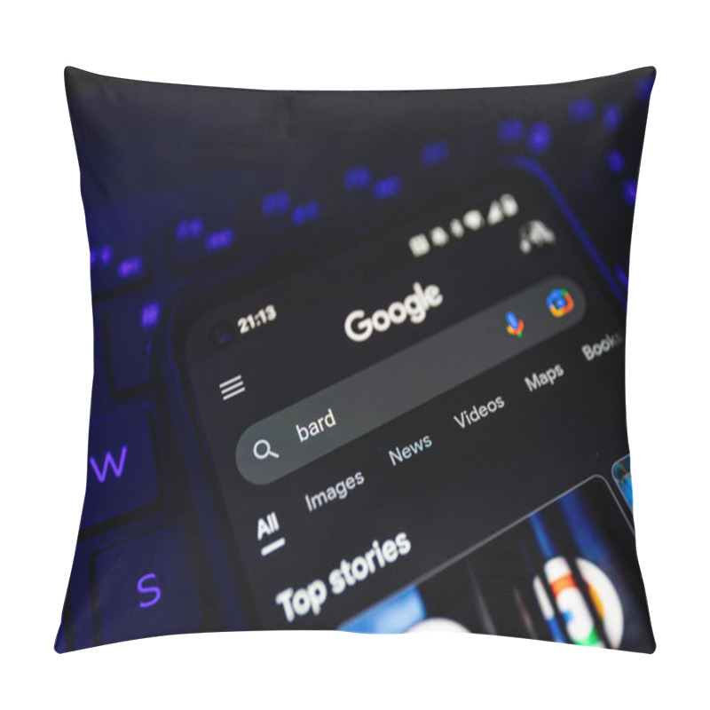 Personality  Kaunas, Lithuania - 2023 February 13: AI Chatbot Bard AI Launched By Google On Smartphone Screen. High Quality Photo Pillow Covers