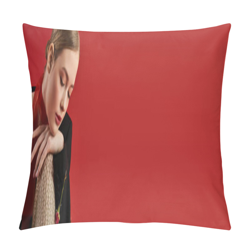 Personality  A Young Woman Gracefully Interacts With Beautiful Flowers Outdoors. Pillow Covers