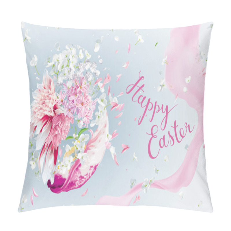 Personality  Floral Easter Card With Egg And Hyacinth Flower, Apple Blossom, Chrysanthemum, Peony. Greetings And Presents For Easter Day. Promotion And Shopping Vector Template And Lettering Design Pillow Covers