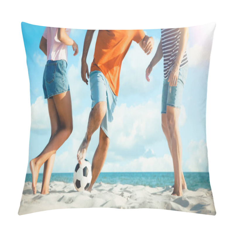 Personality  Friends Playing Football On Beach During Sunny Day, Closeup. Banner Design Pillow Covers