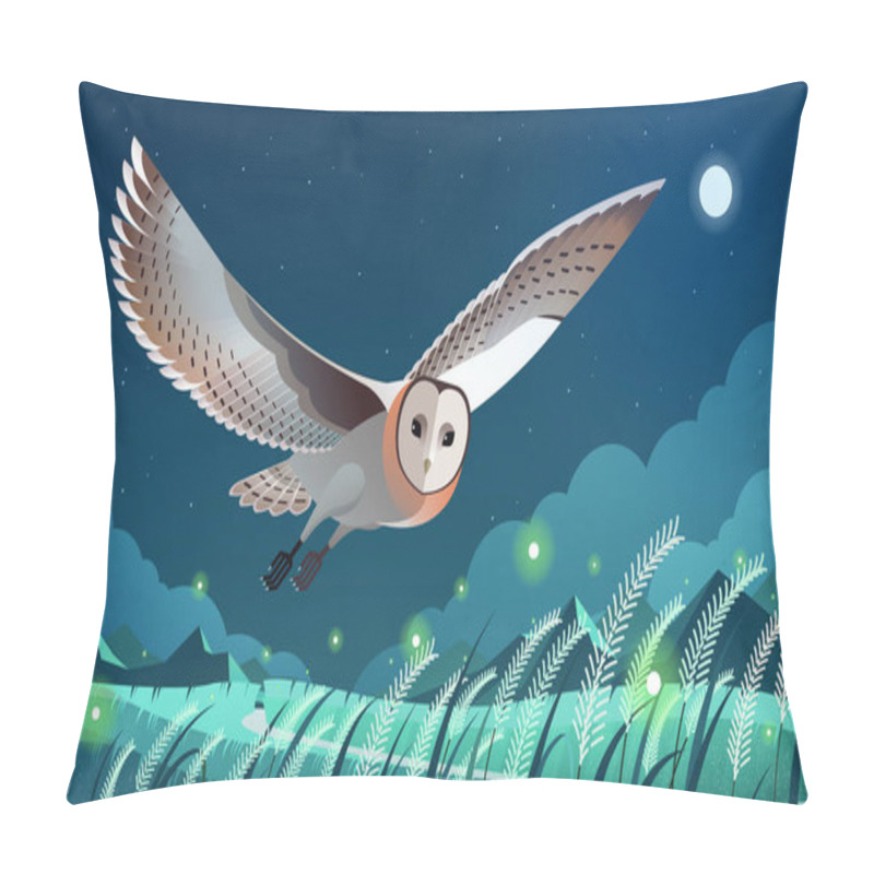 Personality  Eastern Grass Owl Flying Over Grass Field With Fireflies. Serene Starry Night With And Full Moon. Pillow Covers