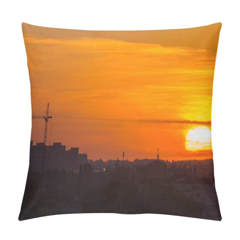 Personality  Sunrise Over City Skyline - Red Sun, Construction Crane, Silhouette Pillow Covers