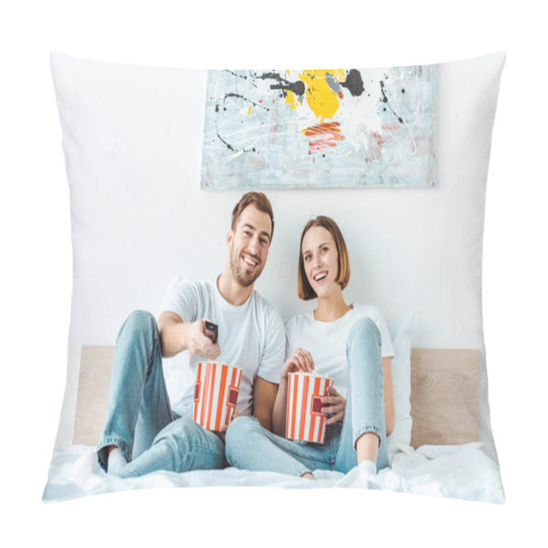 Personality  Joyful Smiling Couple Eating Popcorn In Bed And Watching Tv Pillow Covers