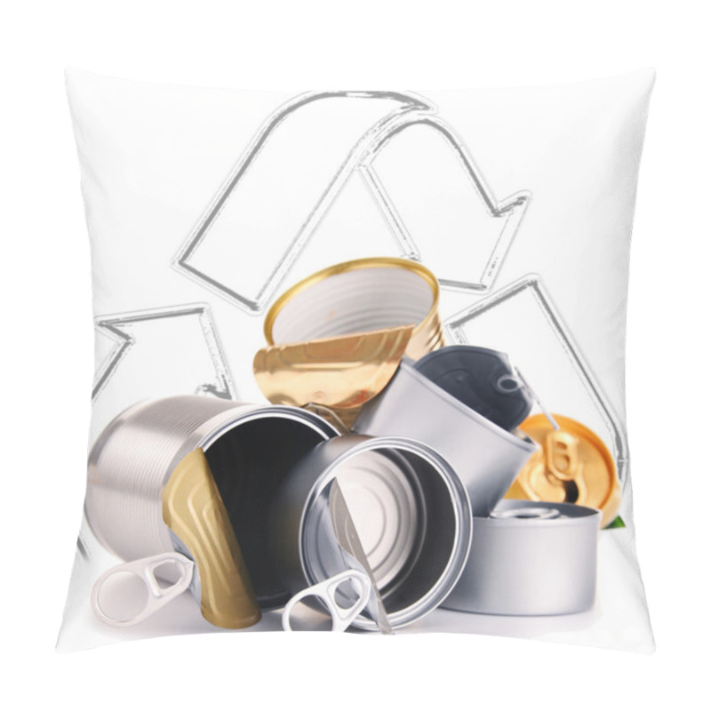 Personality  Recycling Sign And Metal Cans Isolated On White Pillow Covers