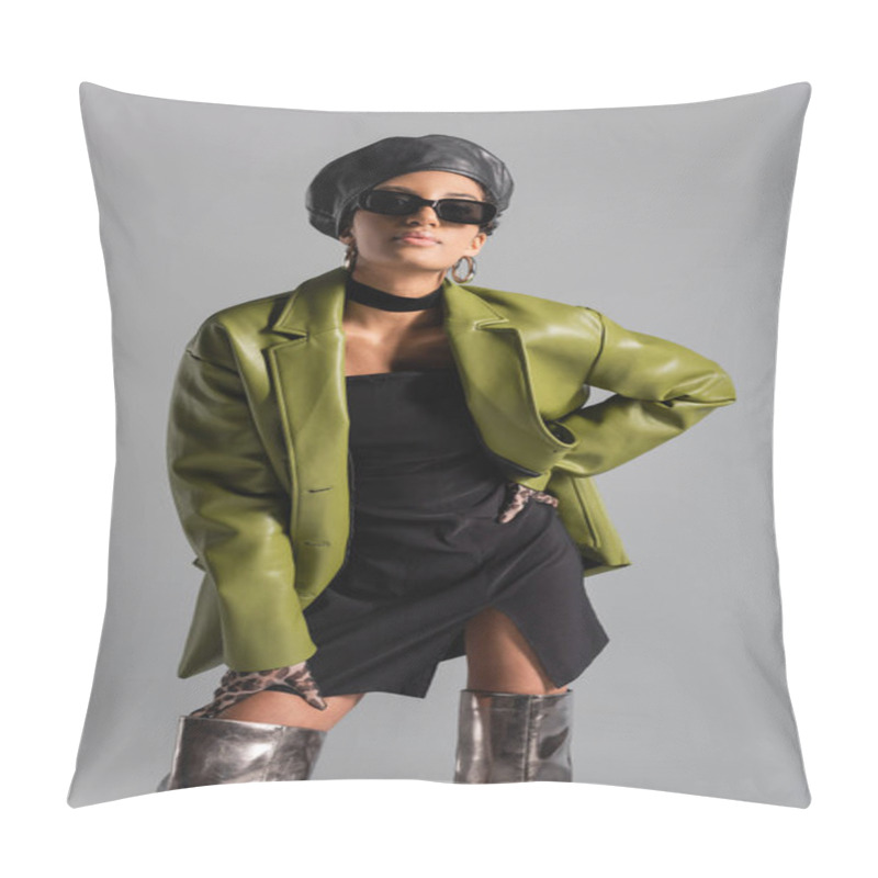 Personality  Stylish African American Model In Sunglasses And Leather Coat Posing Isolated On Grey  Pillow Covers