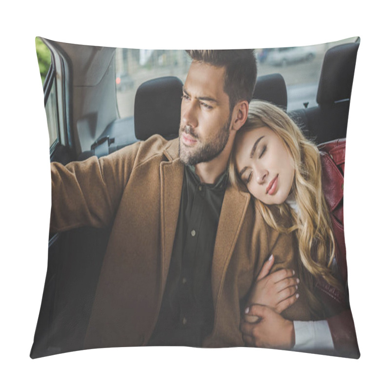 Personality  Young Man Looking At Car Window While Girlfriend Sleeping On His Shoulder In Taxi Pillow Covers