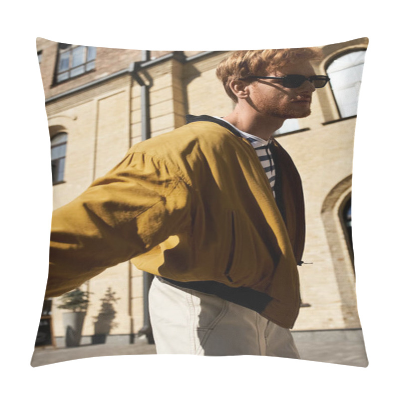 Personality  Young Man With Red Hair In Yellow Jacket And Tie Walking Down City Street. Pillow Covers