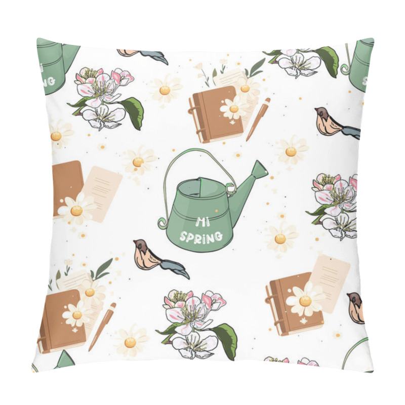 Personality  Colorful Spring Theme Featuring Watering Can, Flowers, And Birds In A Playful Pattern Design Pillow Covers