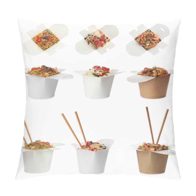 Personality  Set With Boxes Of Tasty Wok Noodles On White Background Pillow Covers