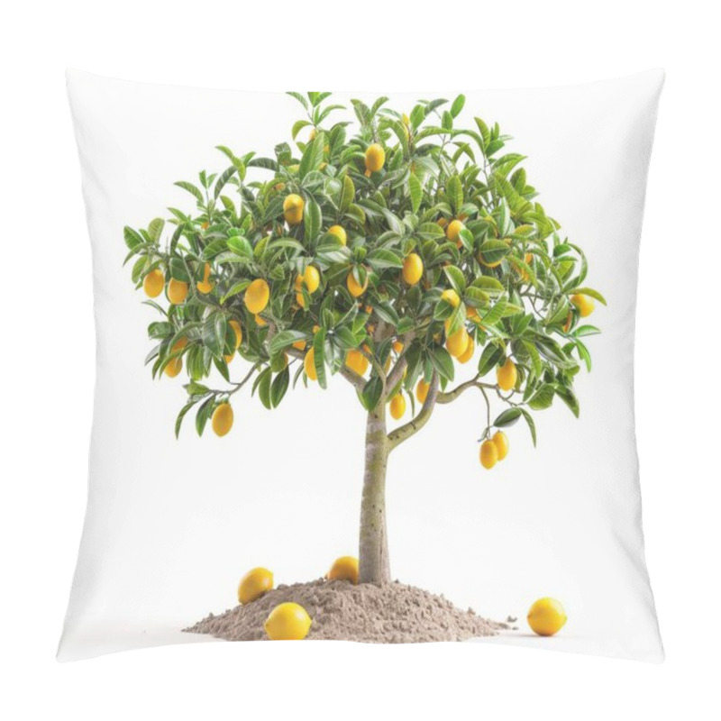 Personality  A Vibrant Lemon Tree With A Rich Green Canopy, Adorned With Bright Yellow Lemons Against A White Background. Pillow Covers