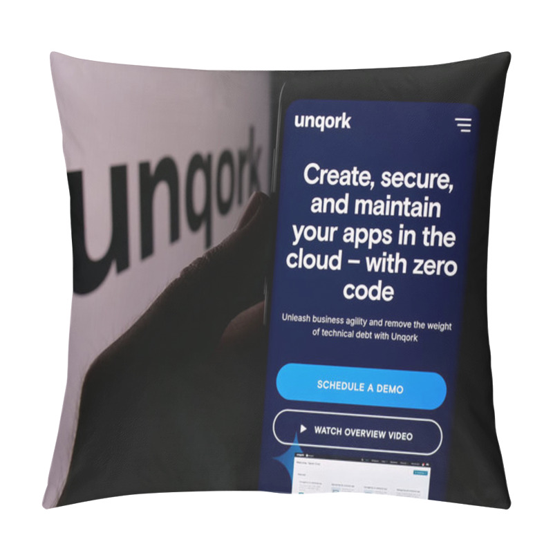 Personality  Stuttgart, Germany - 08-25-2024: Person Holding Cellphone With Webpage Of US Enterprise Application Platform Company Unqork Inc. With Logo. Focus On Center Of Phone Display. Pillow Covers