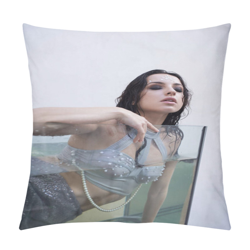 Personality  A Woman With Silver Jewelry And Wet Hair Gazes Into Camera Underwater, Embodying Her Inner Mermaid. Pillow Covers