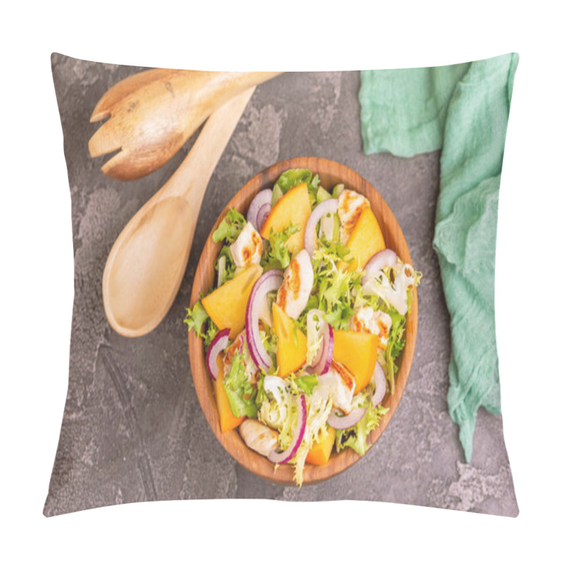 Personality  Tasty Salad With Frisee, Persimmon, Grilled Chicken Fillet And Sesame In Wooden Bowl With Fork Spoon. Dark Concrete Background. Copy Space. Tow View Pillow Covers