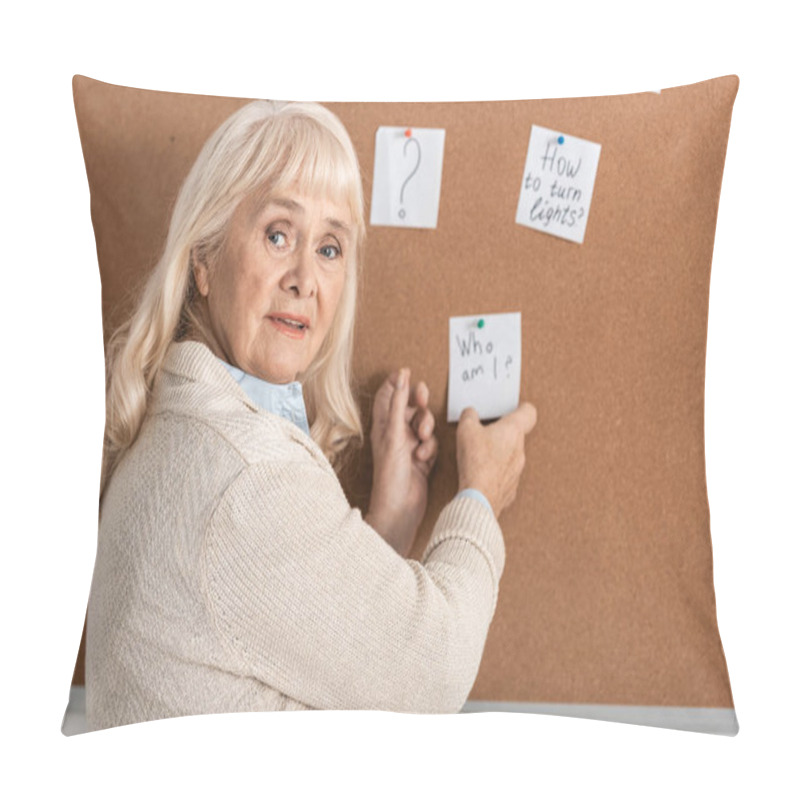 Personality  Selective Focus Of Senior Woman With Alzheimer Disease Touching Paper With Who Am I Letters  Pillow Covers