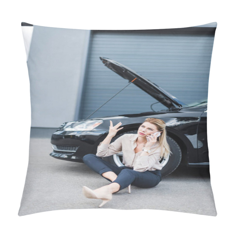 Personality  Businesswoman Talking On Smartphone Near Broken Auto, Car Insurance Concept Pillow Covers