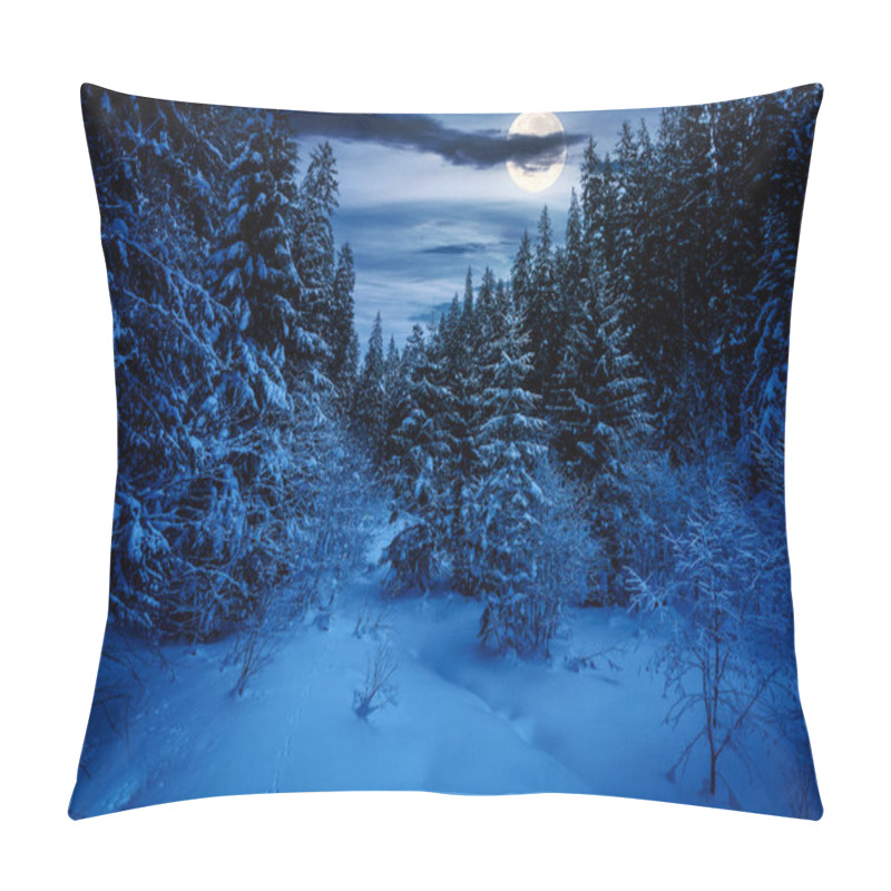 Personality  Scenery With Snow Covered Glade Among Fir Forest At Night. Winter Landscape Of Synevyr National Park Ukraine In Full Moon Light Pillow Covers