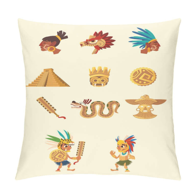 Personality  Aztec Character People Snake Pyramid Weapon Native Culture Icons Pillow Covers