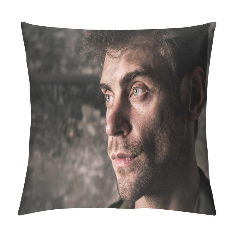 Personality  Close Up Of Handsome Man With Dirty Face In Room, Post Apocalyptic Concept Pillow Covers