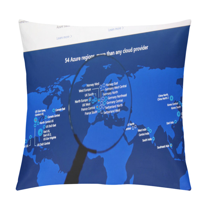 Personality  MONTREAL, CANADA - JANUARY 10, 2019: Microsoft Azure Regions Map On A Pc Screen Under Magnifying Glass. Microsoft Azure Is A Cloud Computing Service Created By Microsoft. Pillow Covers