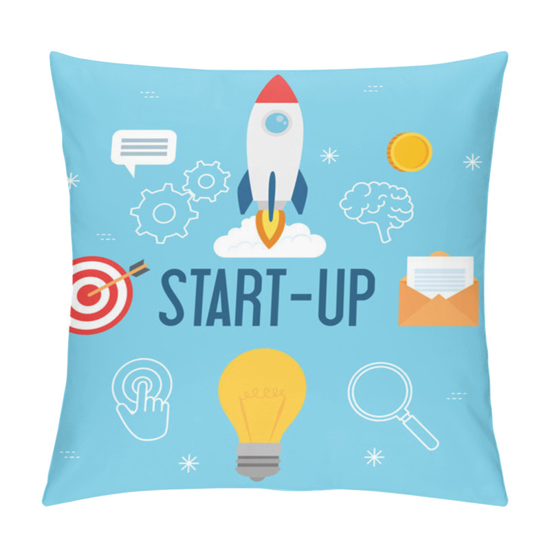 Personality  Business Start Up Concept, Banner, Business Object Startup Process, Rocket And Business Icons Pillow Covers