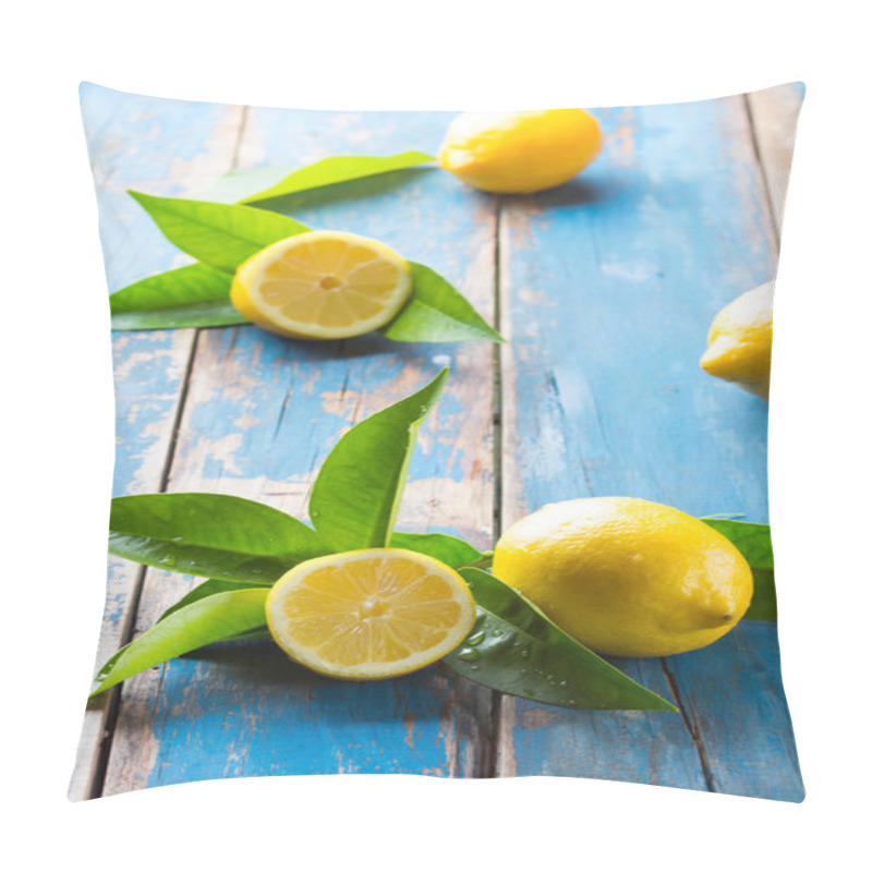 Personality  Fresh Lemons With Leaves On Wooden Old Blue Background Pillow Covers