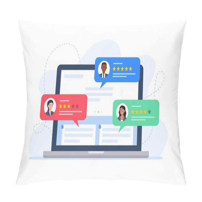 Personality  Feedback Customers Review On A Laptop Monitor. People Evaluating Product, Service. Website Rating Feedback Concept. Trendy Vector Flat Illustration. Pillow Covers