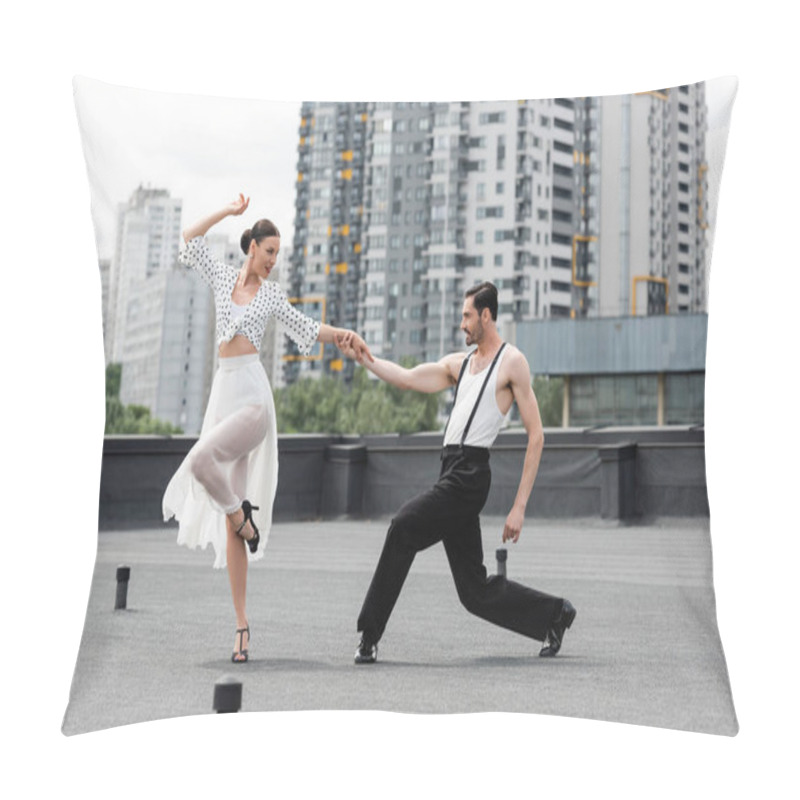 Personality  Side View Of Smiling Dancers Moving On Roof Of Building Outdoors  Pillow Covers