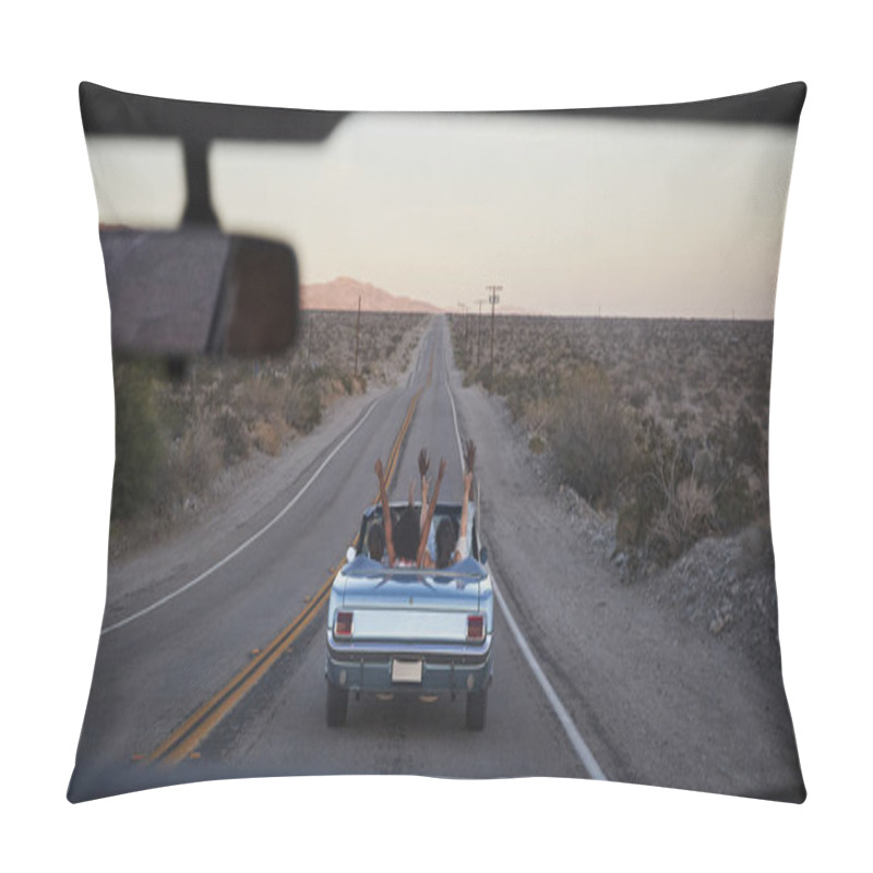 Personality  Group Of Friends On Road Trip Driving Classic Convertible Car Viewed Through Windshield Of Following Vehicle Pillow Covers