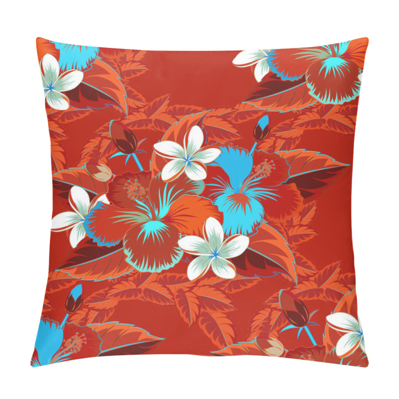 Personality  Seamless Flower Pattern. Vector Seamless Pattern With Gray, Red And Blue Hibiscus. Seamless Floral Pattern. Floral Background In Gray, Red And Blue Colors. Pillow Covers