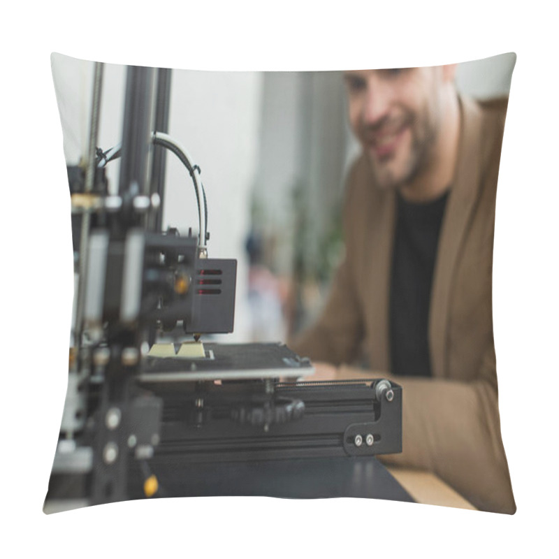 Personality  3D Printer Producing Plastic Model Near Blurred Young Smiling Man In Modern Office Pillow Covers