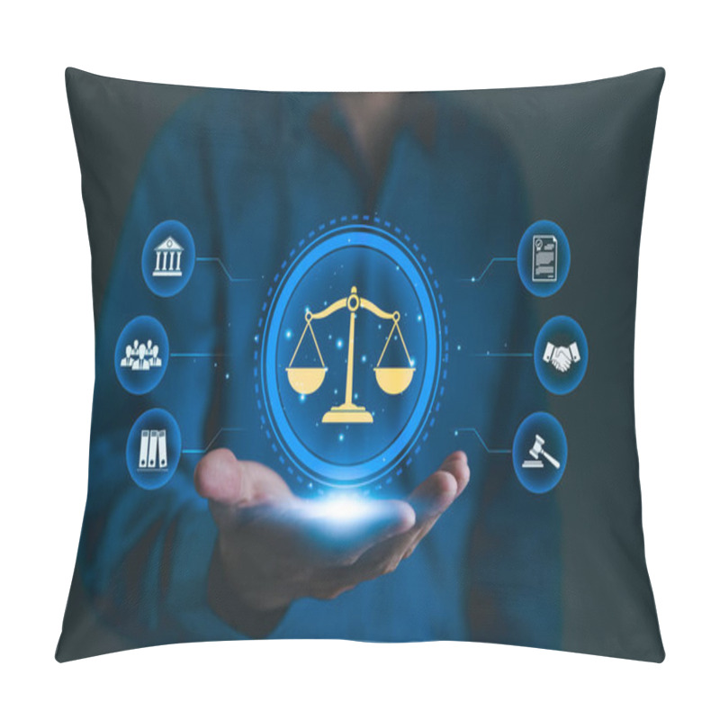 Personality  Law Concept. Legal Professional With Justice Icons. A Professional Holding Virtual Icons Symbolizing Law, Justice, And Legal Services. Business Legislation, Notary Public, Legal Advice Online, Lawyer, Pillow Covers