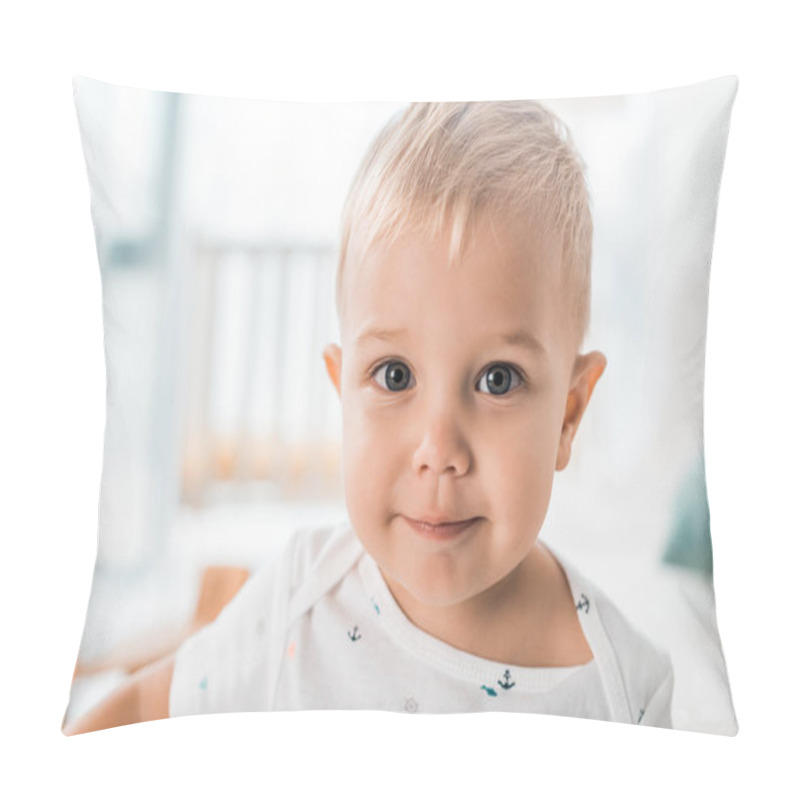 Personality   Close Up Of Adorable Toddler Looking At Camera In Nursery Room Pillow Covers