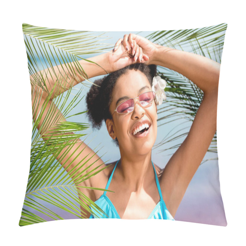 Personality  Happy African American Woman With Wide Arms Wearing Flower In Hair Near Palm Leaves In Front Of Sea Pillow Covers