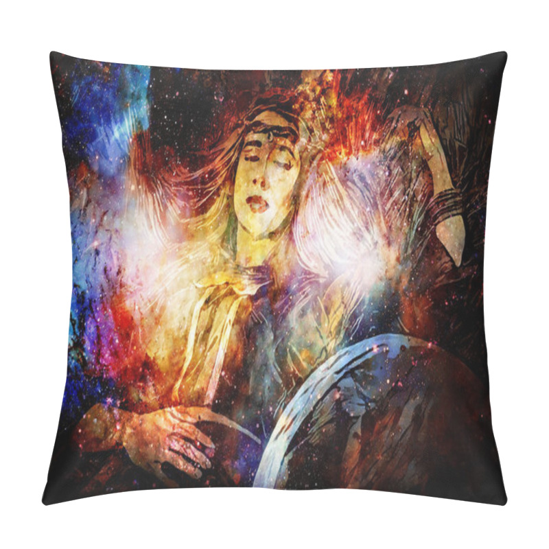 Personality  Shamanic Girl With Frame Drum On Abstract Structured Space Background. Pillow Covers