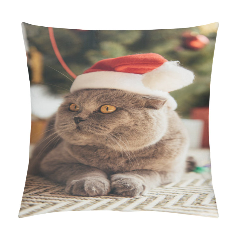 Personality  Cute Grey Scottish Fold Cat In Santa Hat Lying Under Christmas Tree Pillow Covers