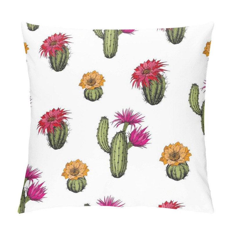 Personality  Seamless Pattern With Cactus Plants And Flowers. Hand Drawn Vector On White Background. Pillow Covers