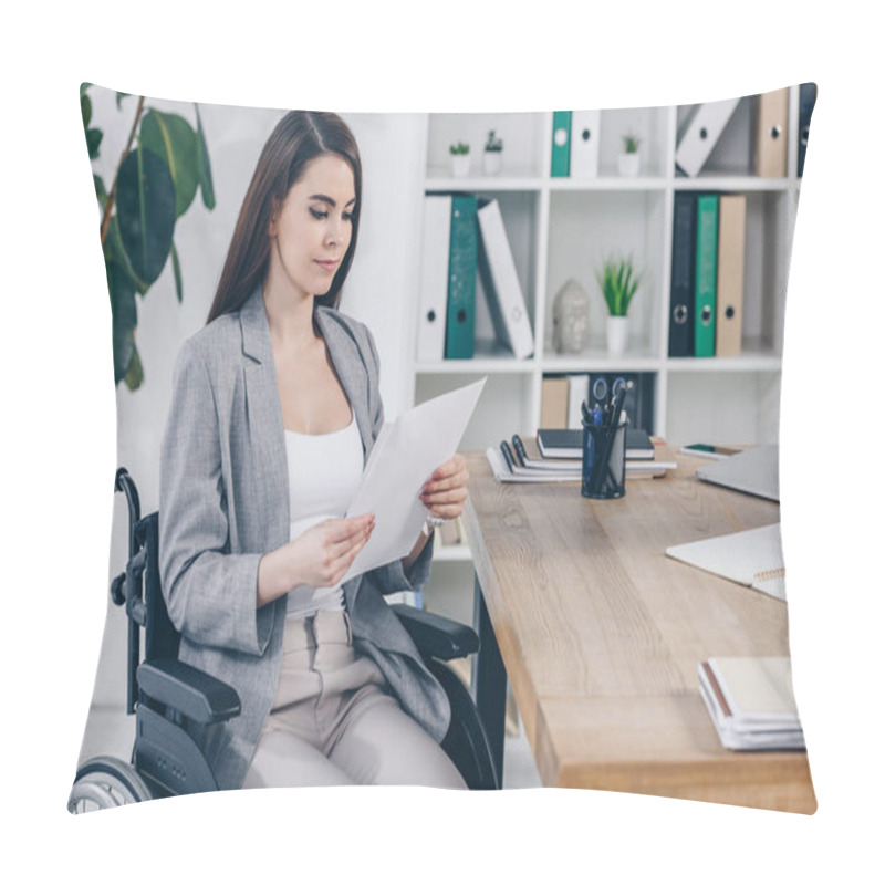 Personality  Disabled Recruiter On Wheelchair Looking At Paper At Table In Office Pillow Covers