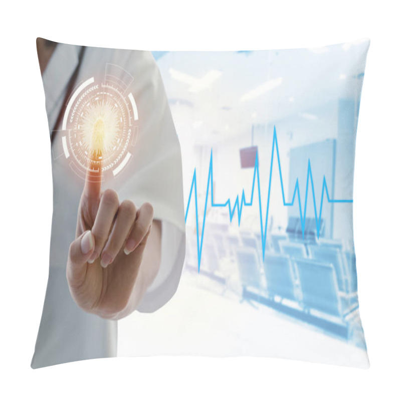 Personality  Hand Of Female Doctor With Stethoscope Hand Pointing Touching Virtual Screen Interface Button With His Finger And Heartbeat Rate Line In Hospital Background, Medical Innovation Technology Concept Pillow Covers