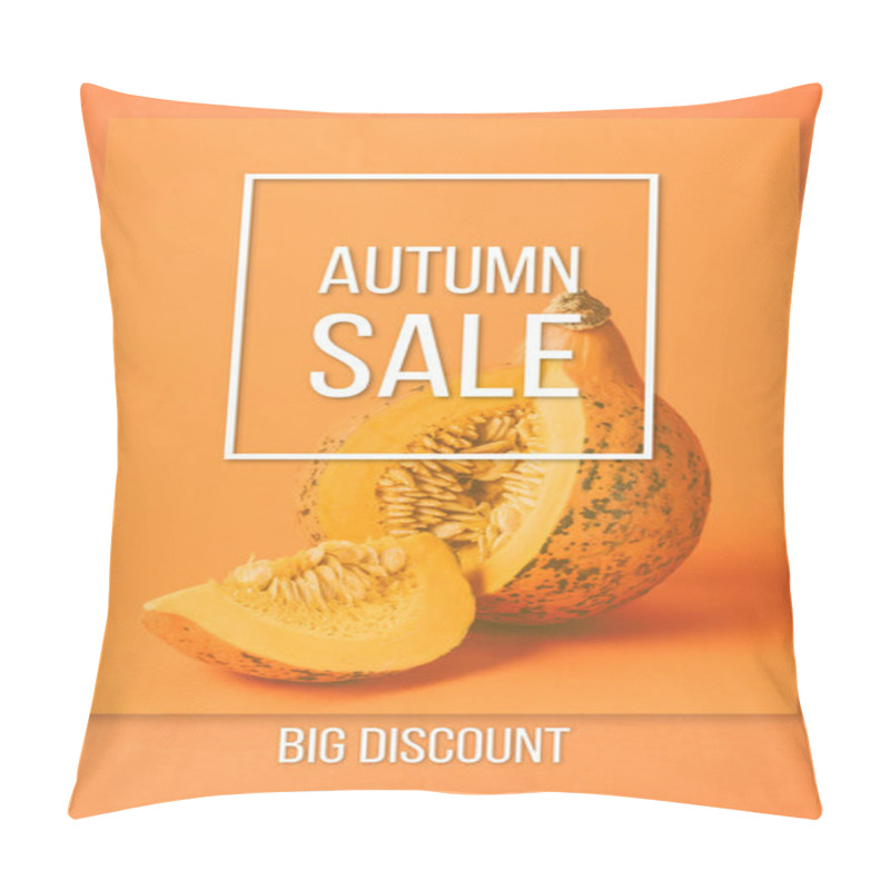 Personality  Close Up View Of Cut Raw Pumpkin With Autumn Sale Inscription On Orange Background Pillow Covers