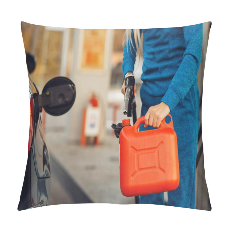 Personality  Female Person Filling Canister On Gas Station, Fuel Refill. Petrol Fueling, Gasoline Or Diesel Refuel Service, Petroleum Refueling Pillow Covers