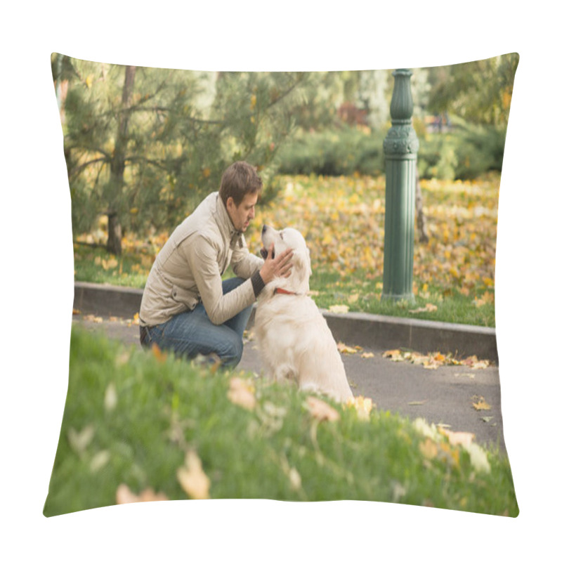 Personality     The Young Man Wearing Biege Jacket And Jeans Is Friendly With His Big Dog Labrador In An Autumn Park.  They Look At Each Other, They Have Mutual Understanding. Pillow Covers