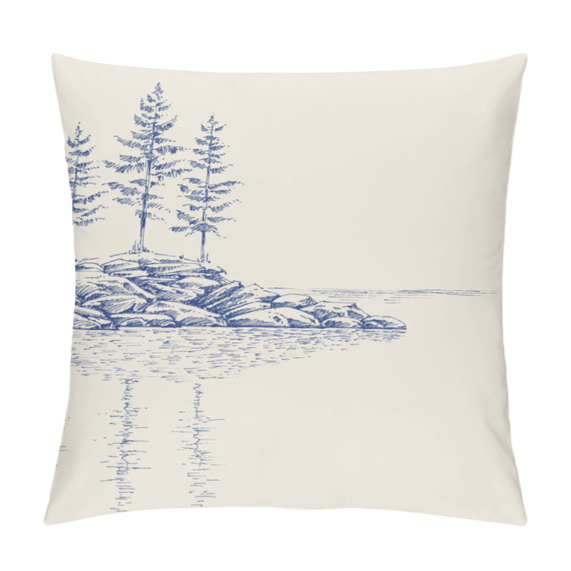 Personality  Pine Trees On A Rocky Landscape. Trees Reflection In The Water Artistic Hand Drawing Pillow Covers