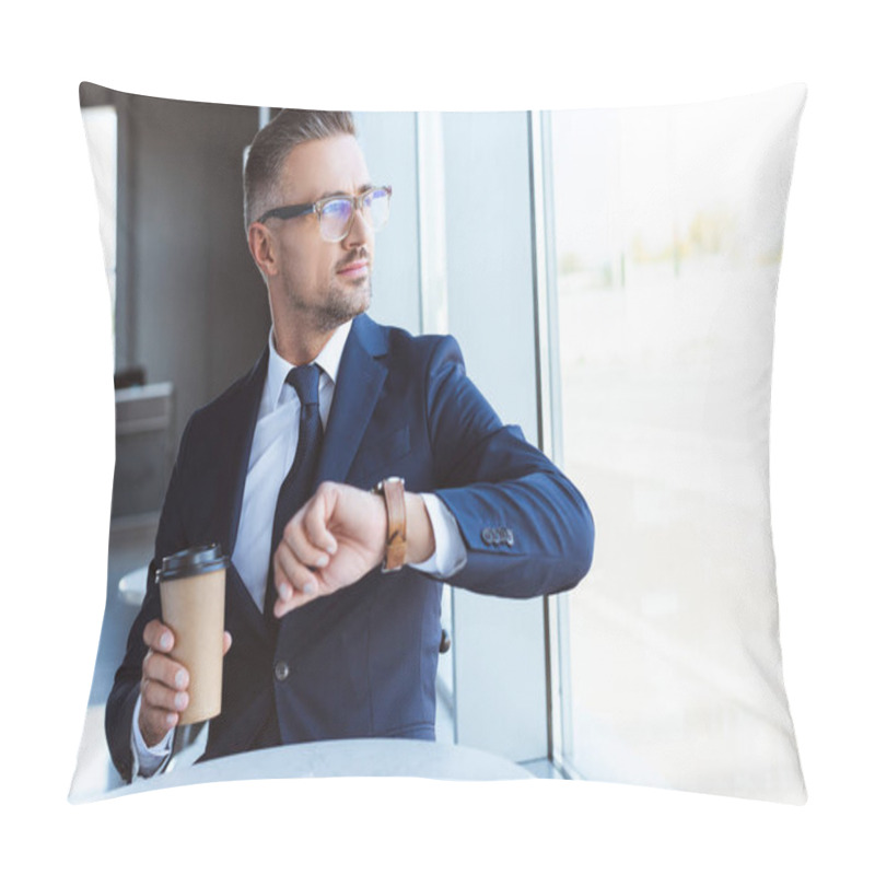 Personality  Handsome Businessman In Glasses With Coffee To Go And Watches Looking At Window In Airport Pillow Covers