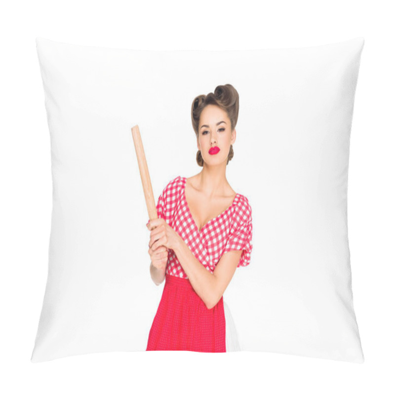 Personality  Portrait Of Stylish Woman In Retro Clothing And Apron With Rolling Pin Isolated On White Pillow Covers