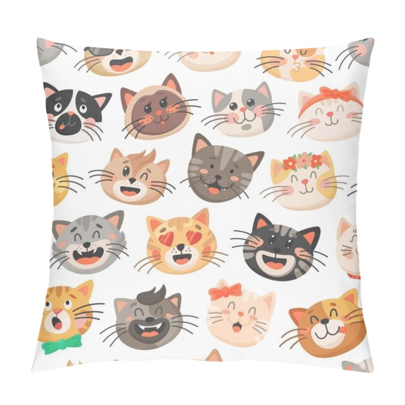 Personality  Cute Cats Vector Seamless Pattern, Kitten Muzzles With Bows, Flower Wreath And Neck Ties On White Background. Cartoon Animal Faces, Kids Design For Fabric Or Wrapping Paper. Funny Kawaii Cats Pattern Pillow Covers