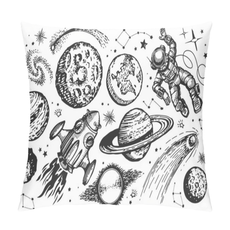 Personality  Space Trip Concept. Galaxy Drawing Set. Spaceship, Astronaut, Planets And Stars Sketch Vintage Vector Illustration Pillow Covers